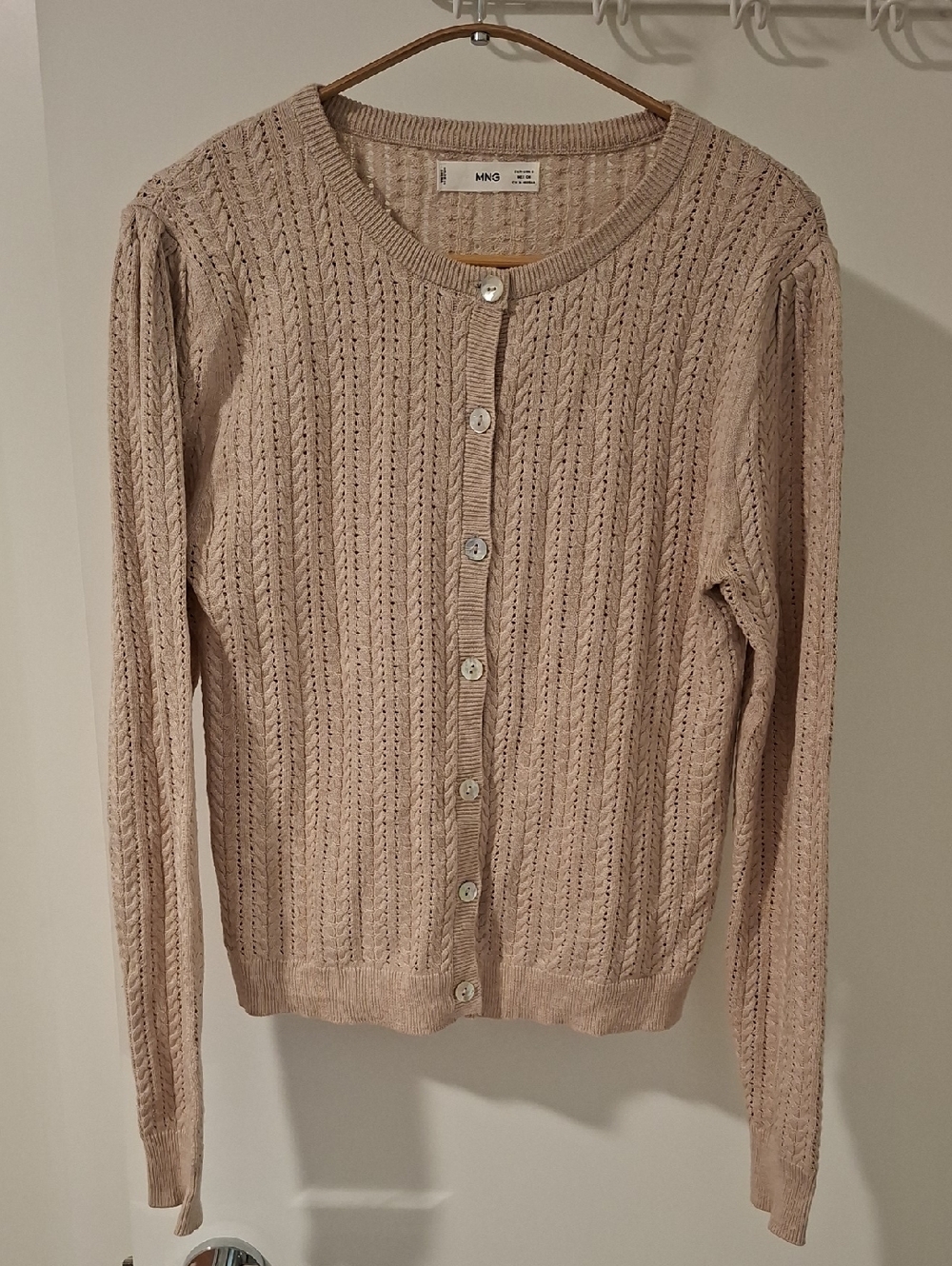 Mango Beige/Neutral Cotton Cable Knit/Pointelle Crewneck Cardigan (Size S)